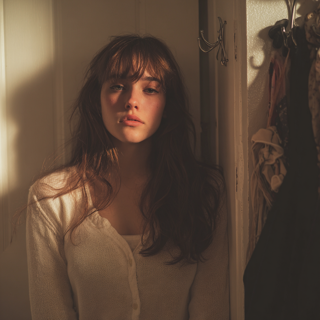 An upset woman leaning against a wall | Source: Midjourney