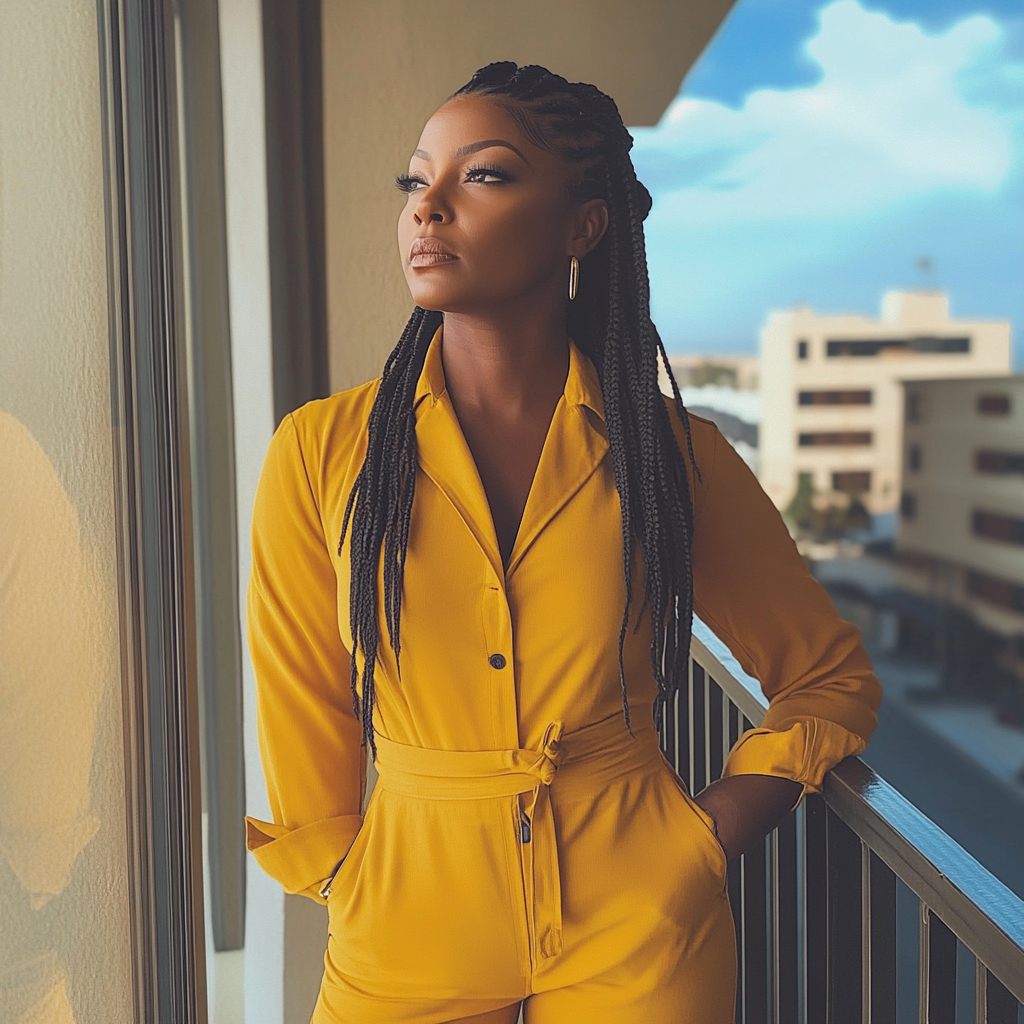 A woman standing on a balcony and looking pensive | Source: Midjourney