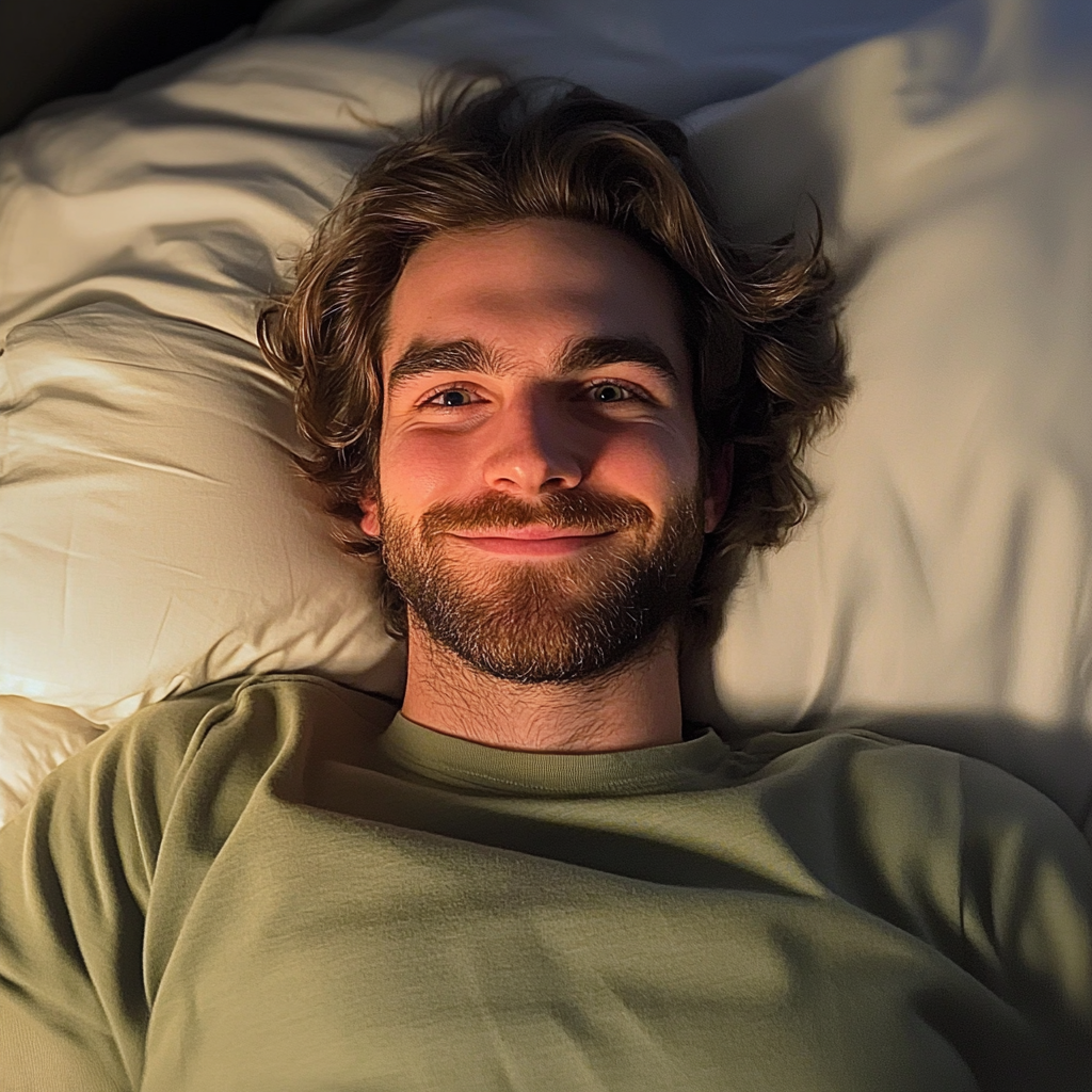 A smiling man laying in bed | Source: Midjourney
