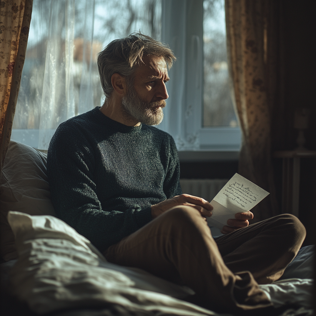 A devastated man holding a letter | Source: Midjourney