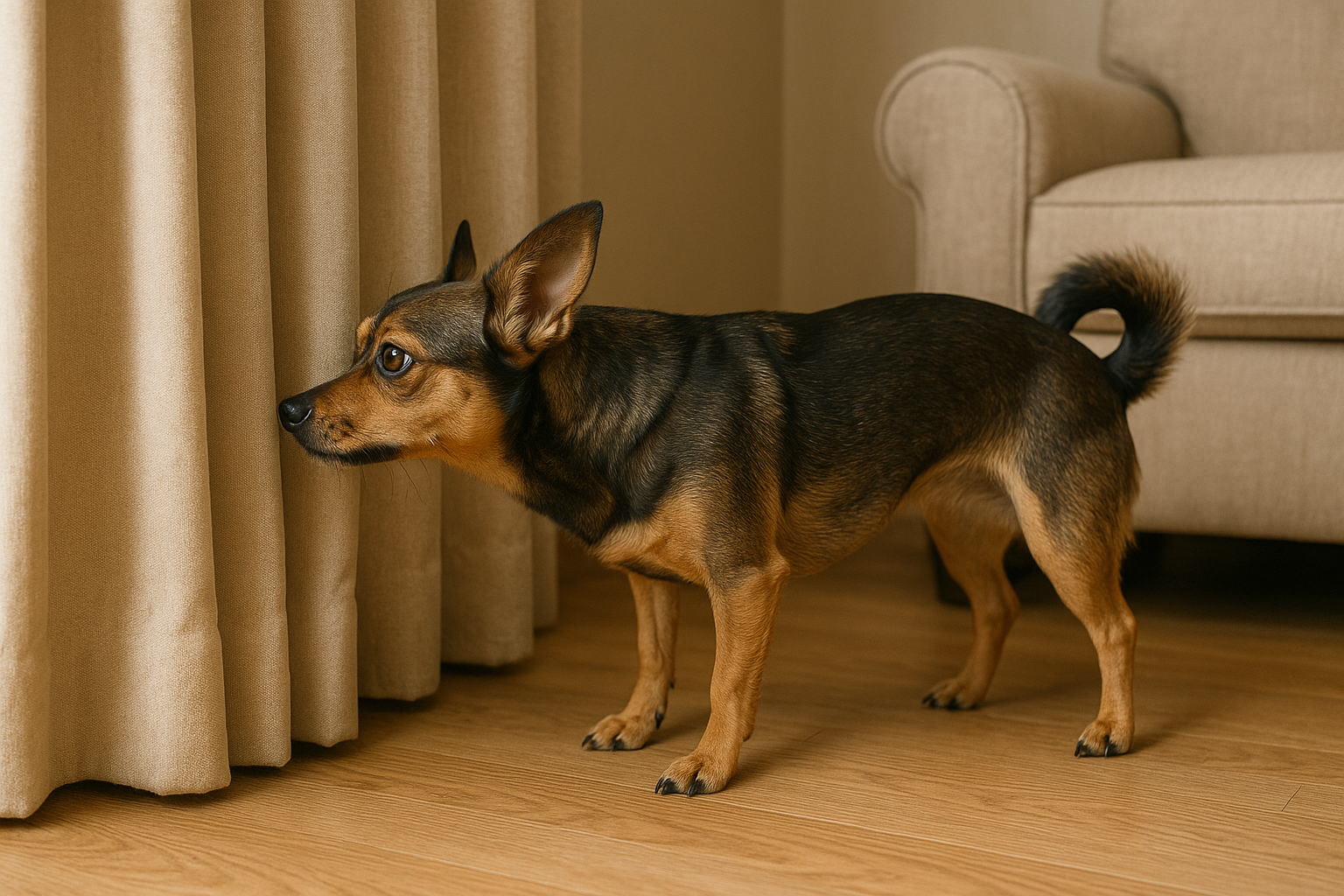 A dog sniffing at a curtain | Source: DALL-E