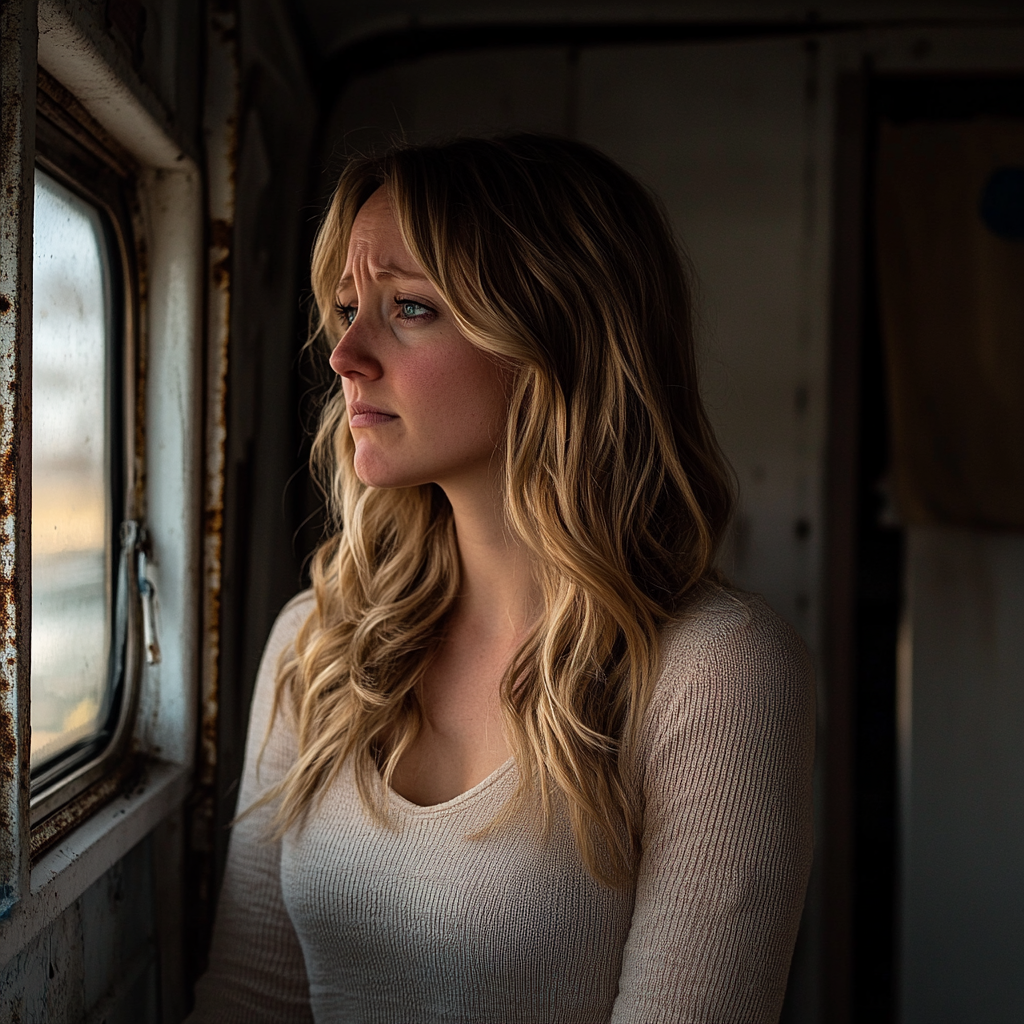 An emotional woman standing in an old trailer | Source: Midjourney