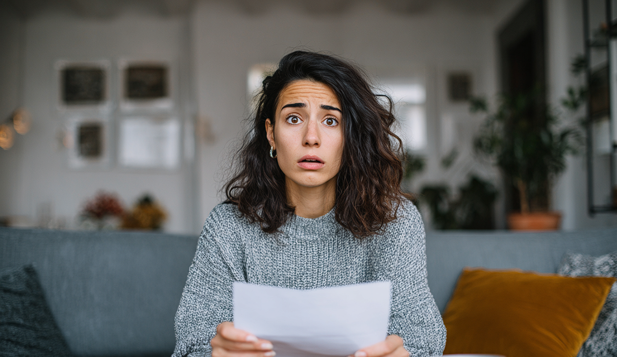A woman holding a piece of paper while staring in disbelief | Source: Midjourney
