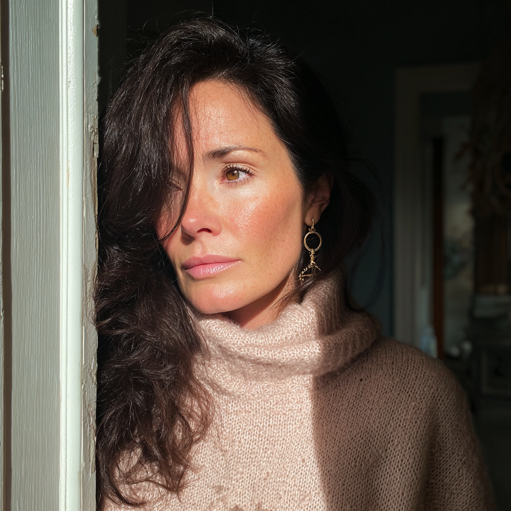A woman standing at her front door wearing a pink sweater | Source: Midjourney