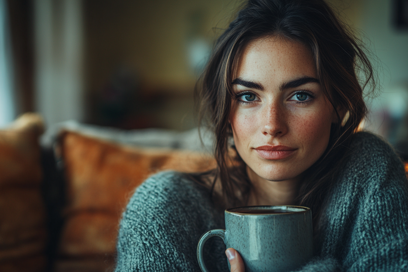 A woman with a satisfied expression, enjoying a cup of tea in a mug, seated in the living room | Source: Midjourney