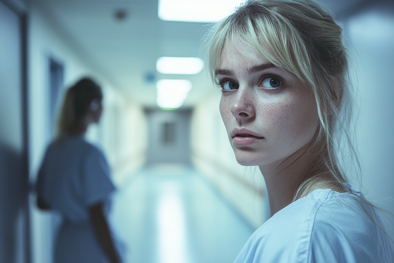 A woman glancing over her shoulder in a hospital corridor | Source: Midjourney