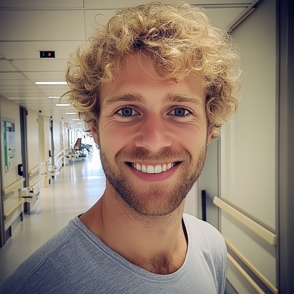 A smiling man standing in a hospital hallway | Source: Midjourney