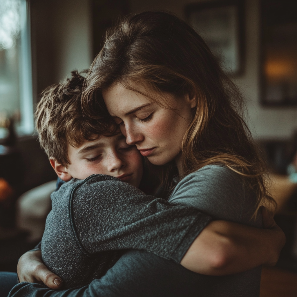 A woman hugging her son | Source: Midjourney