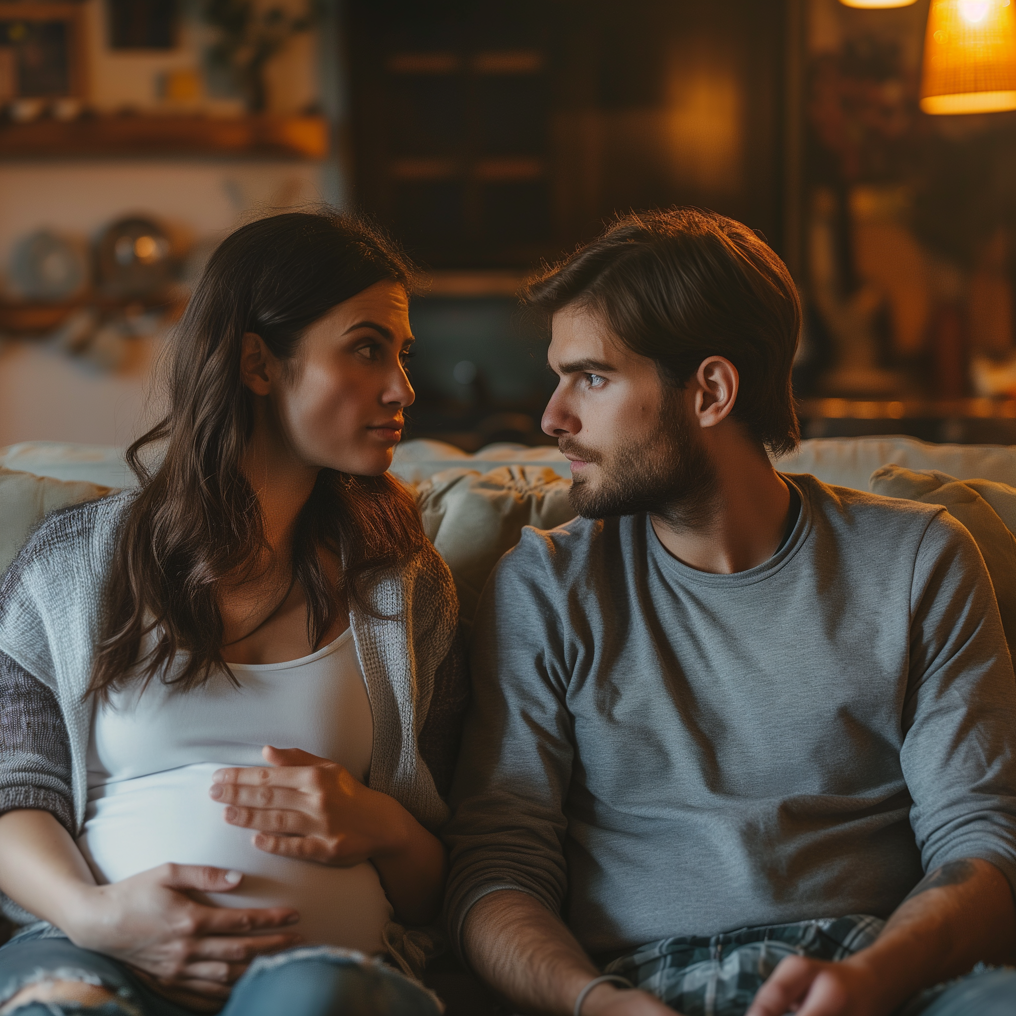 A pregnant couple sitting on a sofa discussing a serious matter | Source: Midjourney