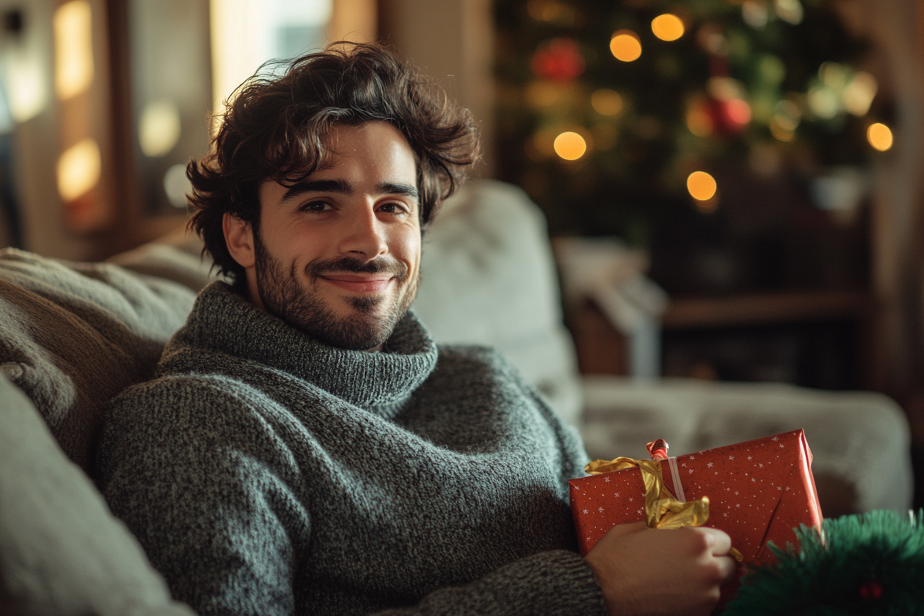 Man smiling on a couch while holding a present | Source: Midjourney