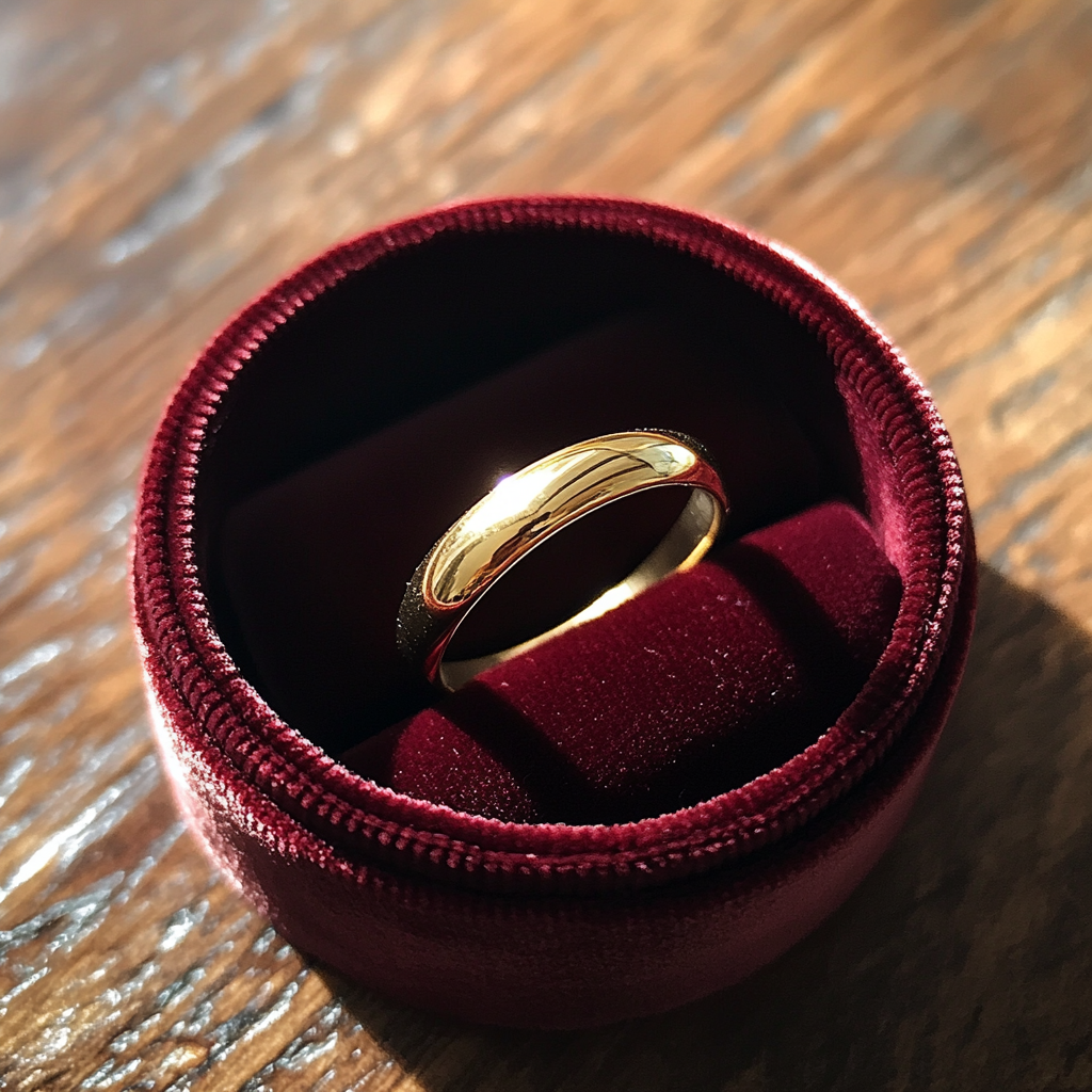 A gold wedding band in a velvet box | Source: Midjourney