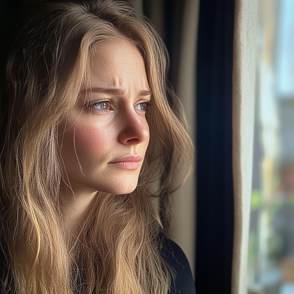 An upset woman looking out of a window | Source: Midjourney