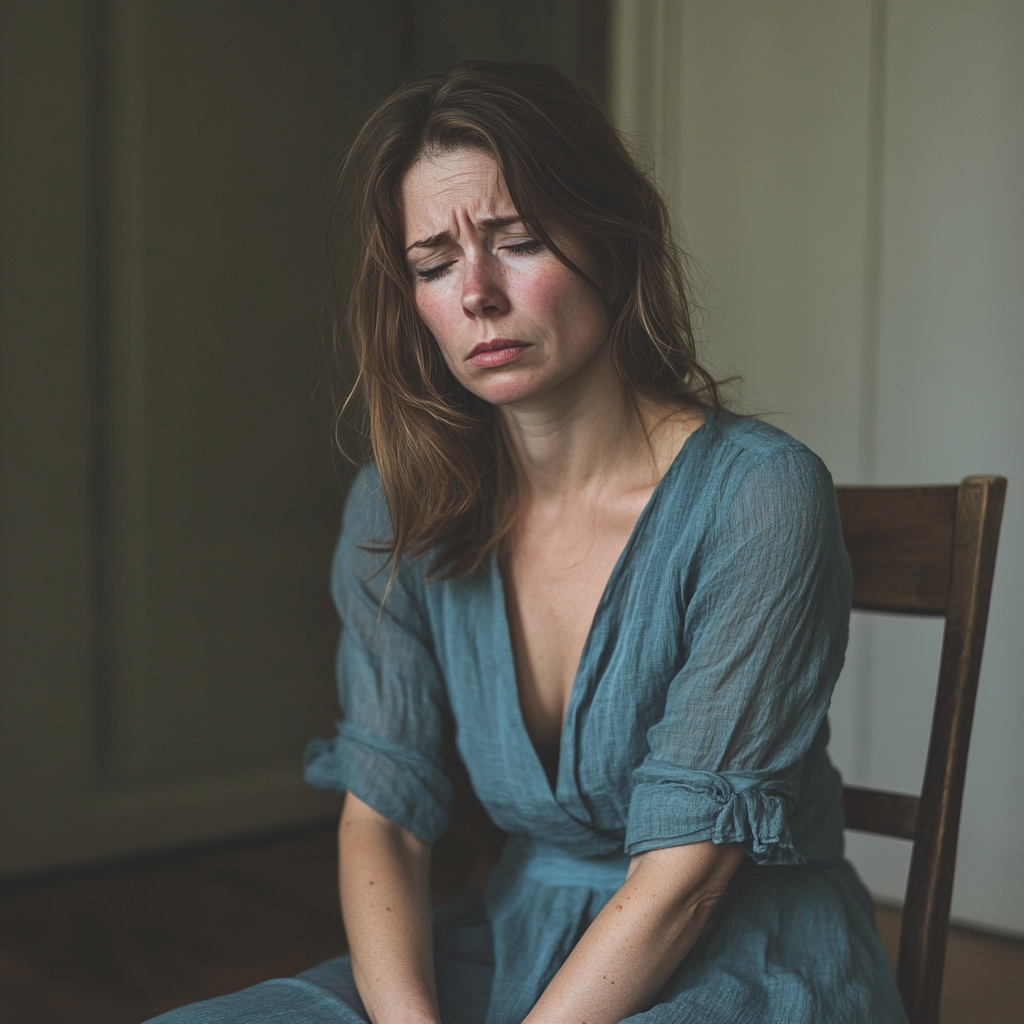 Une femme bouleversée, les yeux fermés | Source : Midjourney