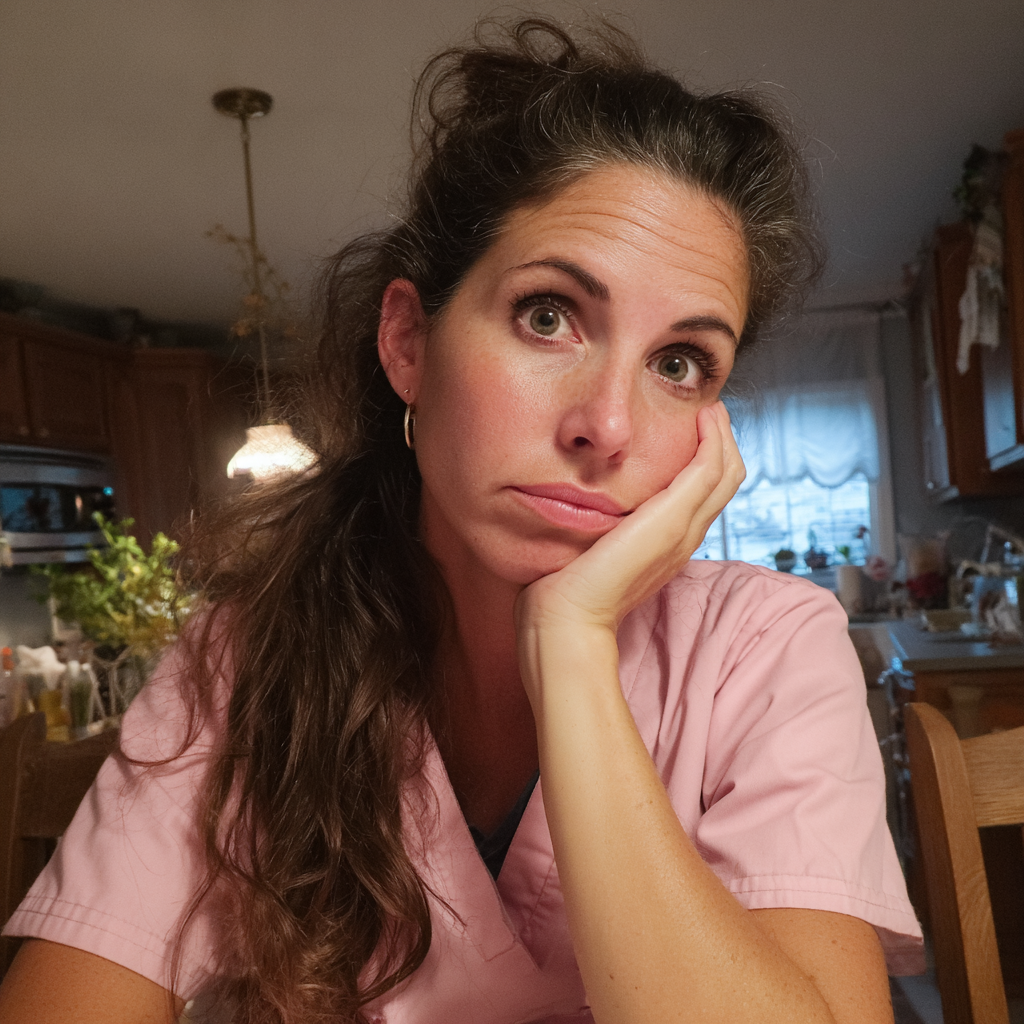 An exhausted woman wearing pink scrubs | Source: Midjourney