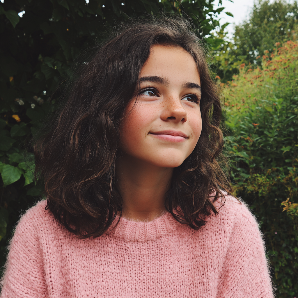 A smiling girl wearing a pink sweater | Source: Midjourney