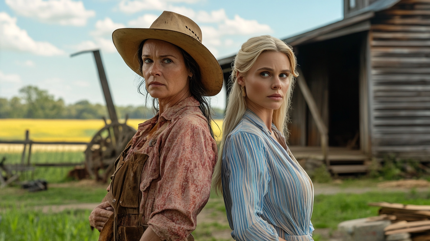 Two women standing back-to-back in front of the farm | Source: Midjourney