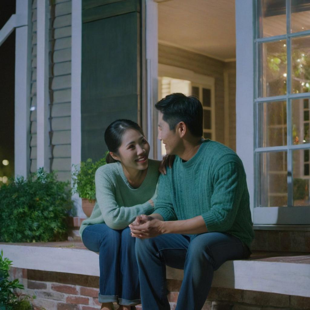 Rachel and James sitting together on the porch | Source: Midjourney