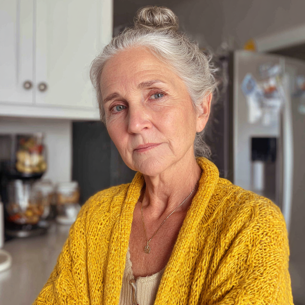 A grandma wearing a yellow cardigan | Source: Midjourney