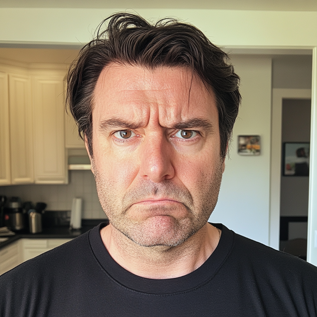 An upset man standing in a kitchen | Source: Midjourney