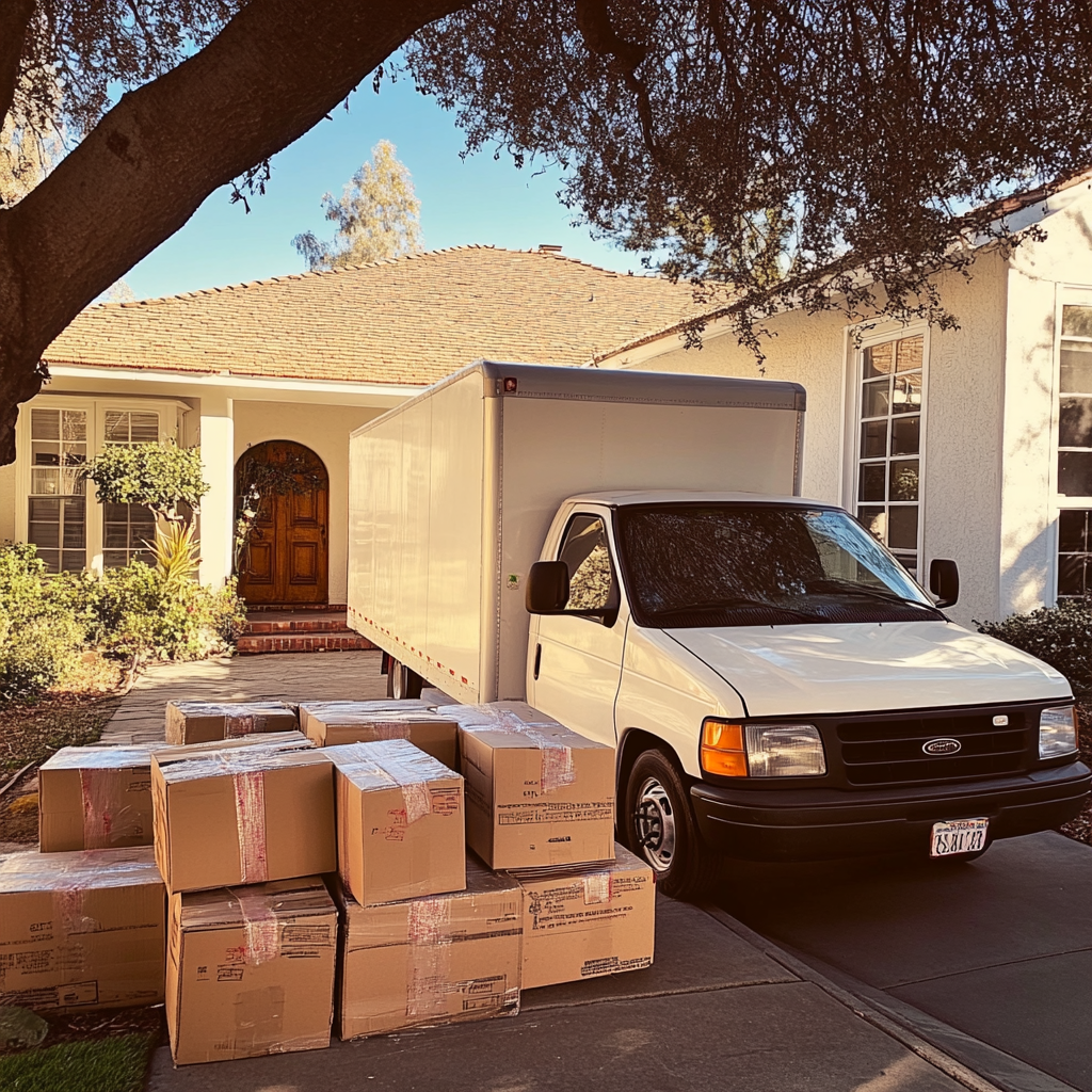 A moving van and boxes | Source: Midjourney