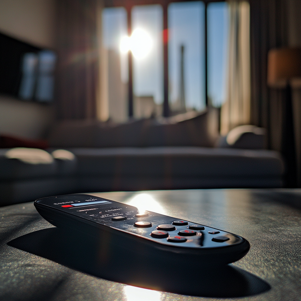 A remote control on a coffee table | Source: Midjourney