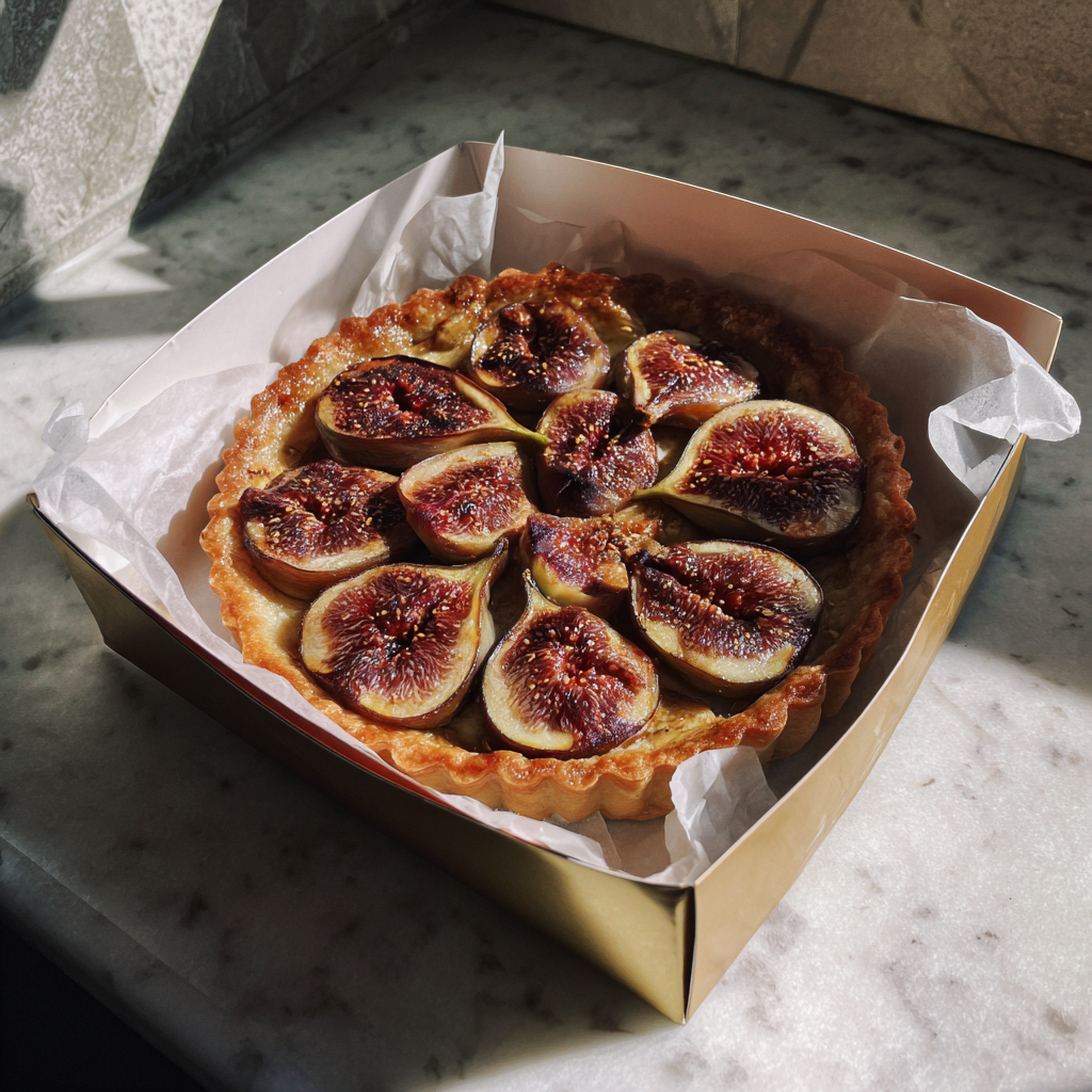 A fig tart on a counter | Source: Midjourney