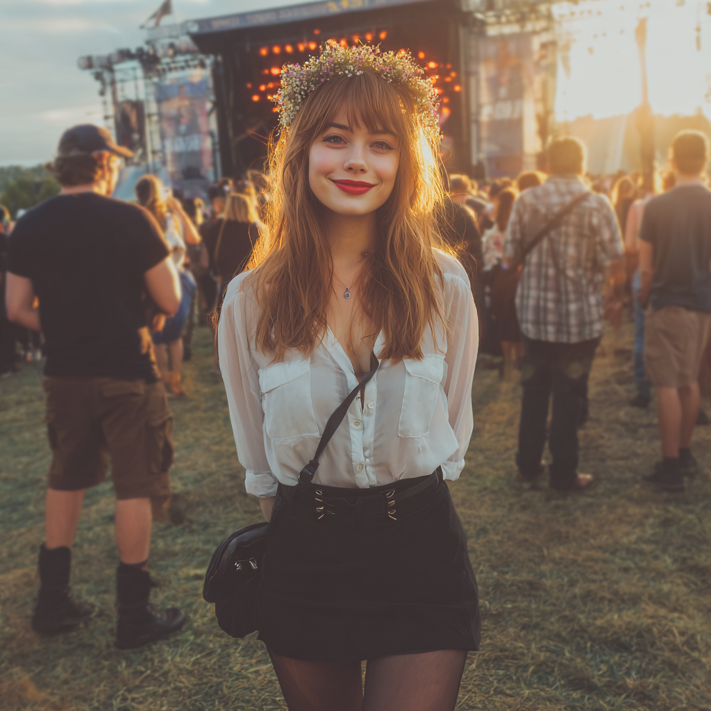 A smiling woman at a music festival | Source: Midjourney
