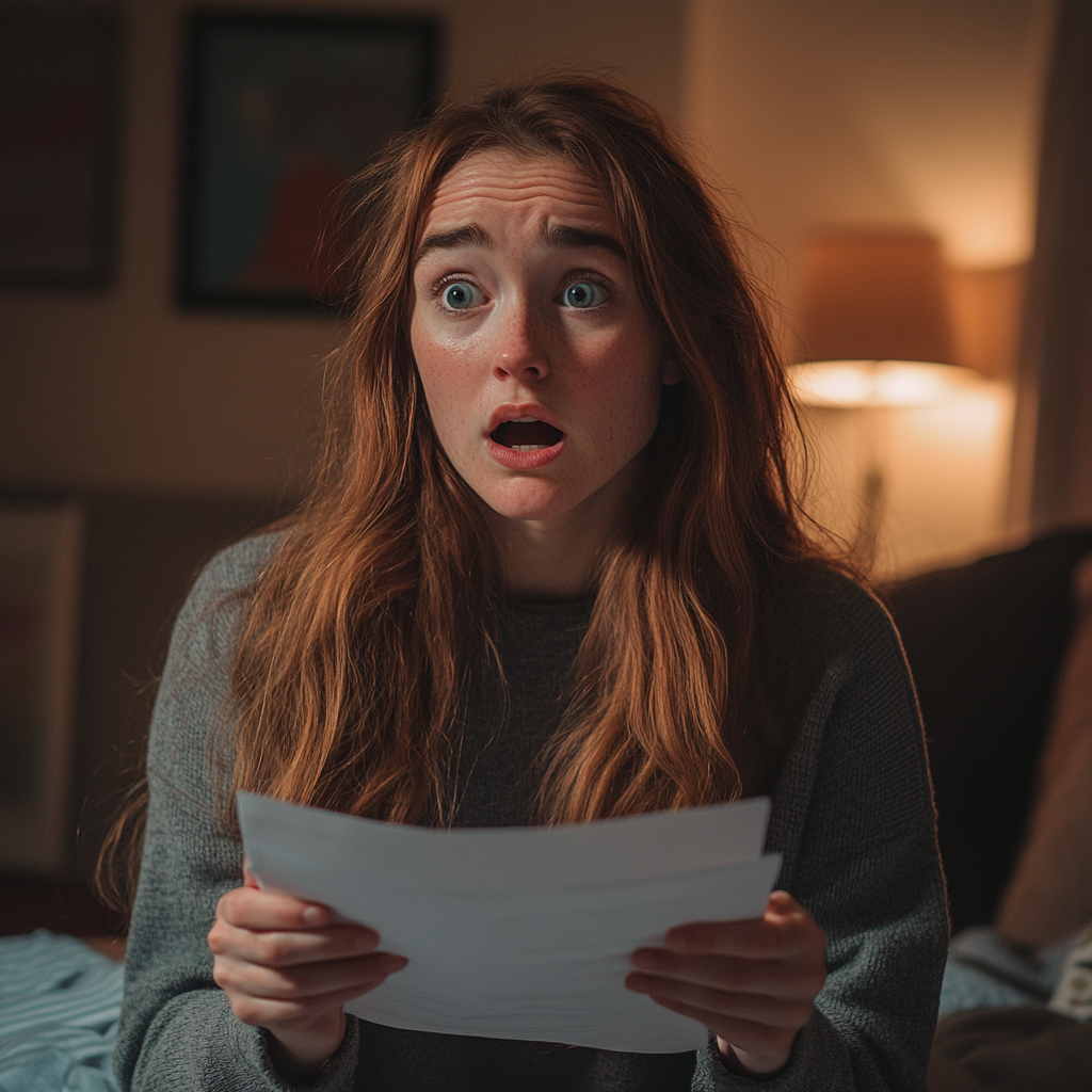 A shocked and angry woman holding a document | Source: Midjourney