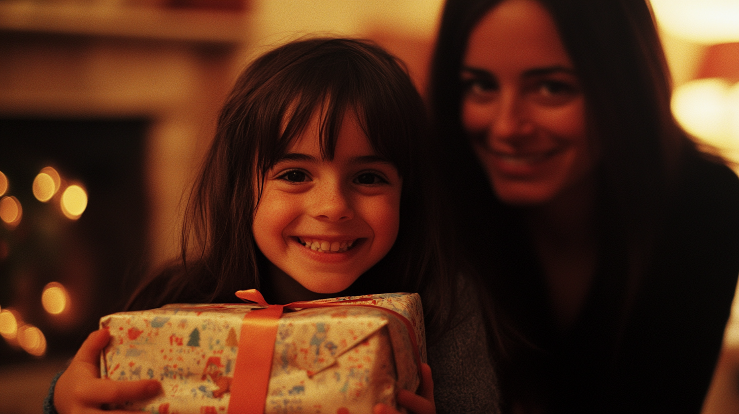 Happy girl holding a present box in her hands | Source: Midjourney