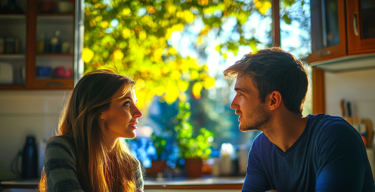 A couple conversing at the kitchen table | Source: Midjourney