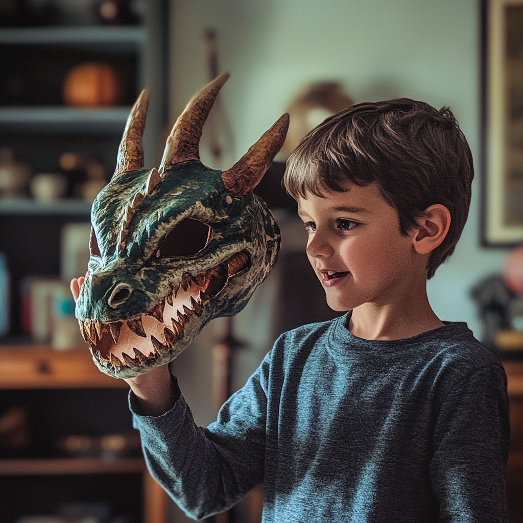 Young boy playing with a Halloween costume | Source: Midjourney