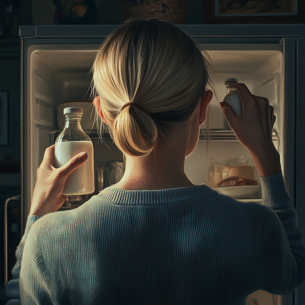 A woman taking milk bottles from the fridge | Source: Midjourney