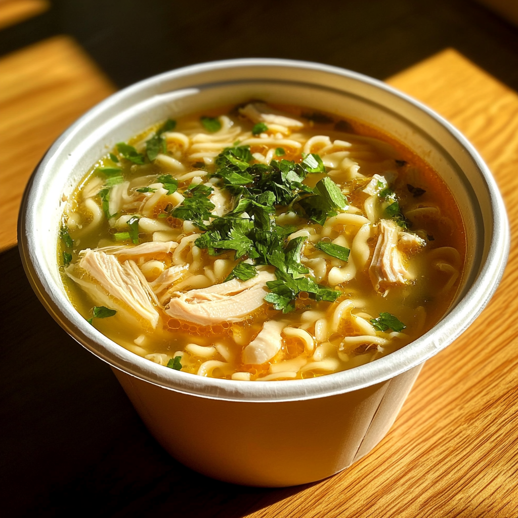 A container of chicken noodle soup | Source: Midjourney