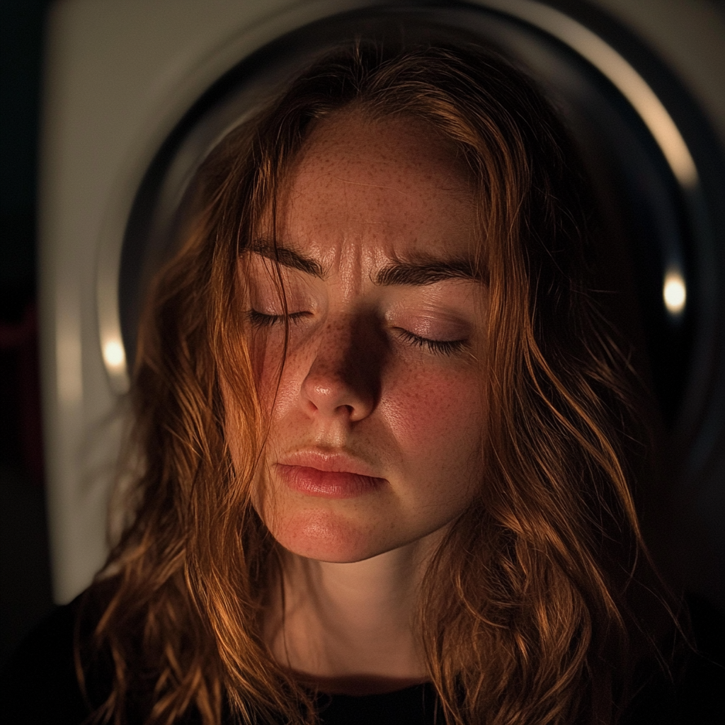 An upset woman sitting in a laundry room | Source: Midjourney