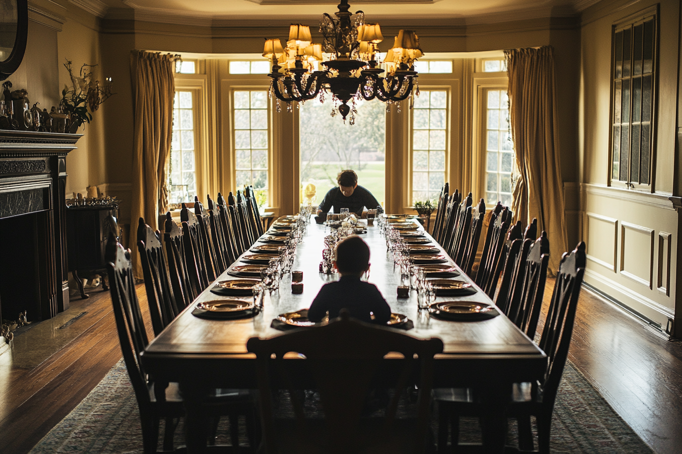 A father and son seated at a large dining table | Source: Midjourney