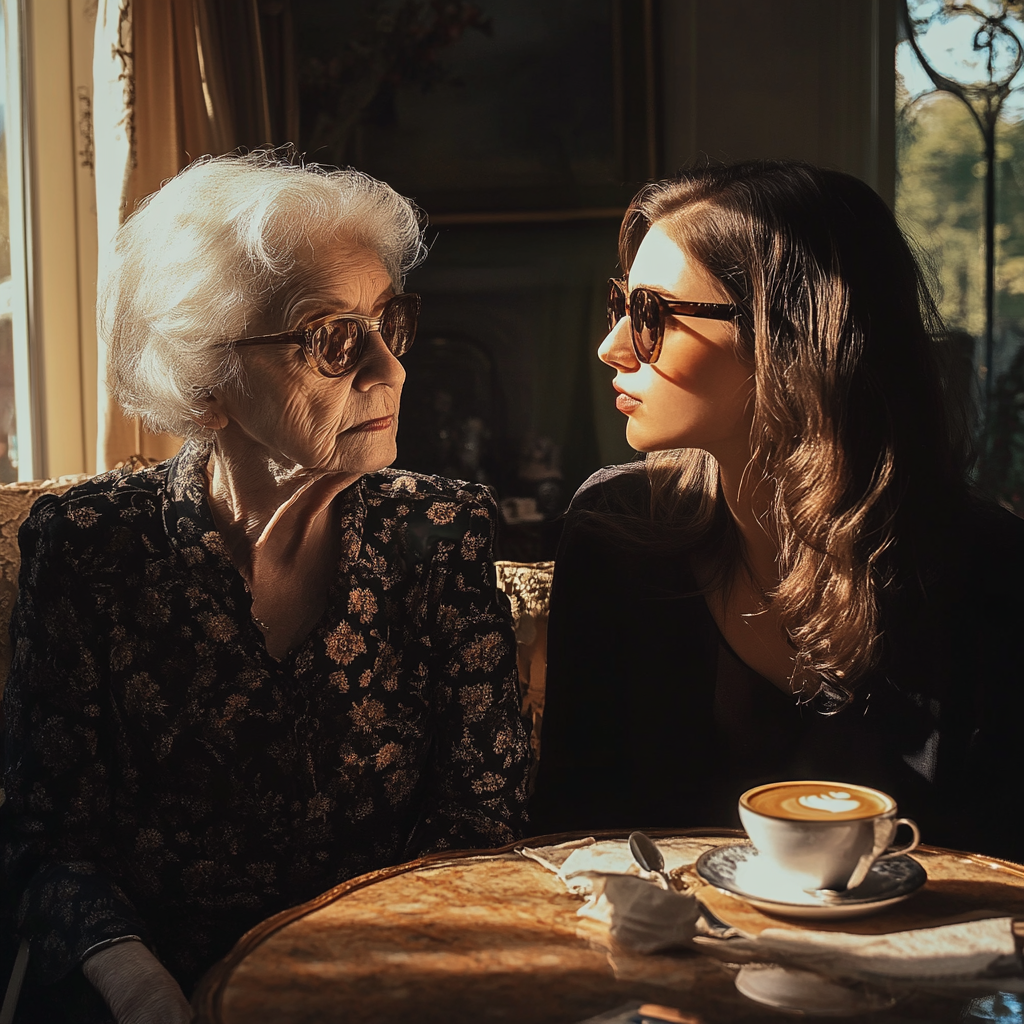 Senior woman and a younger woman having a conversation | Source: Midjourney