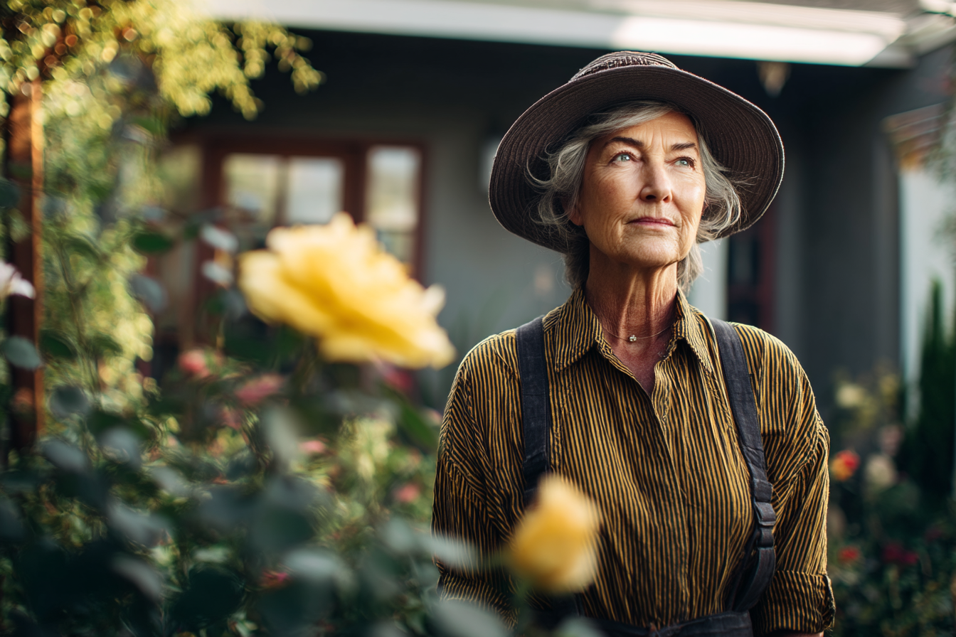 An older woman standing in her front yard | Source: Midjourney