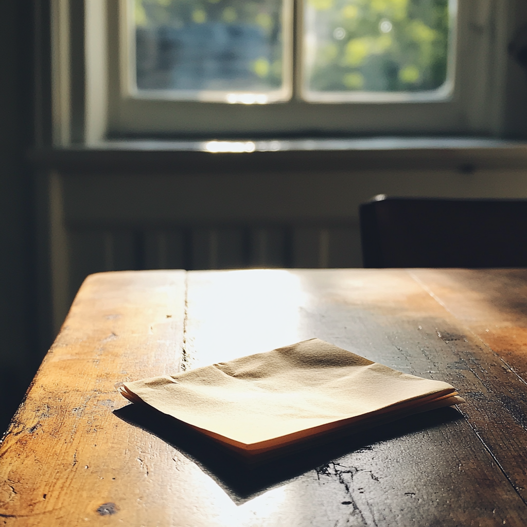 A folded piece of paper on a table | Source: Midjourney