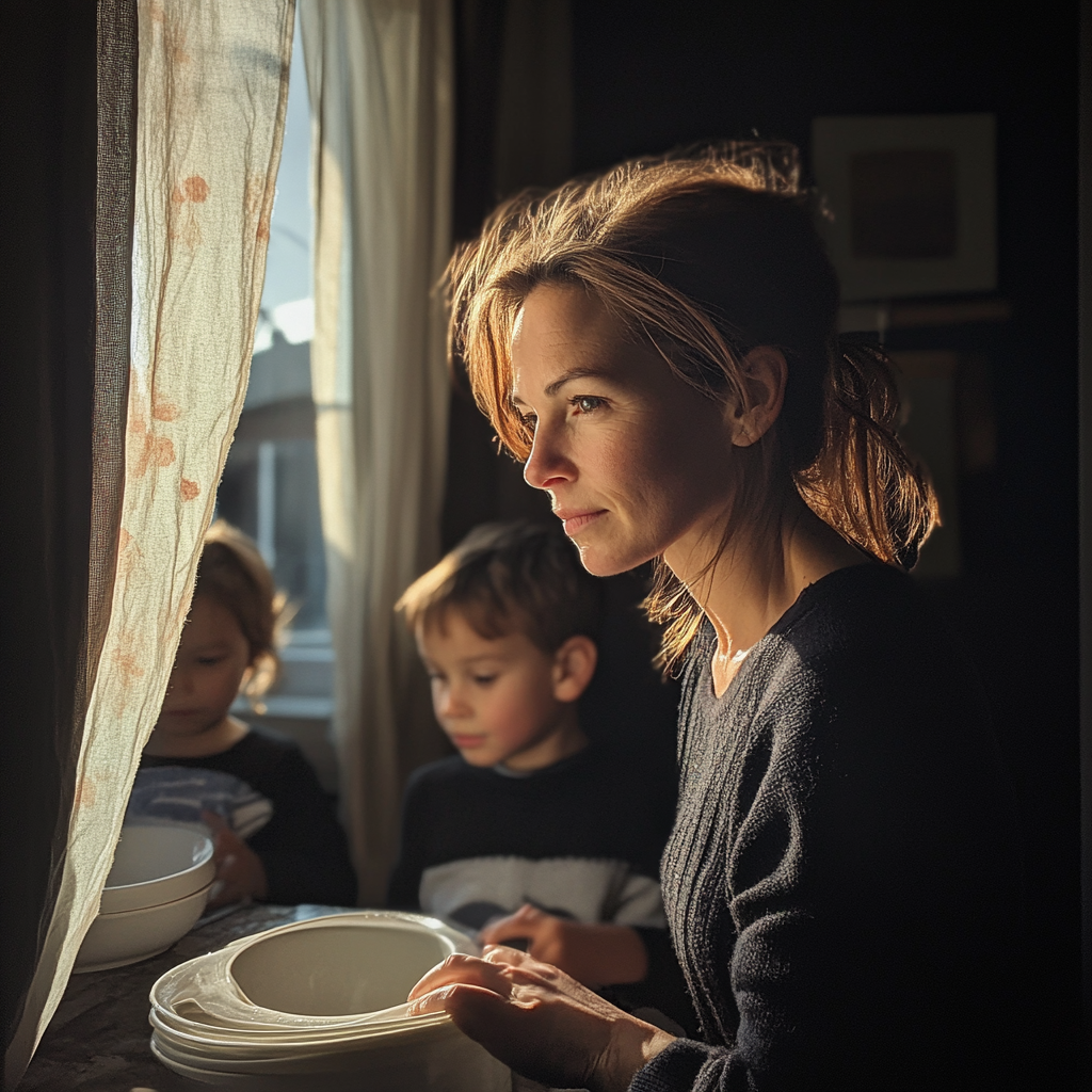 Mother cleaning dishes with her kids playing in the background | Source: Midjourney