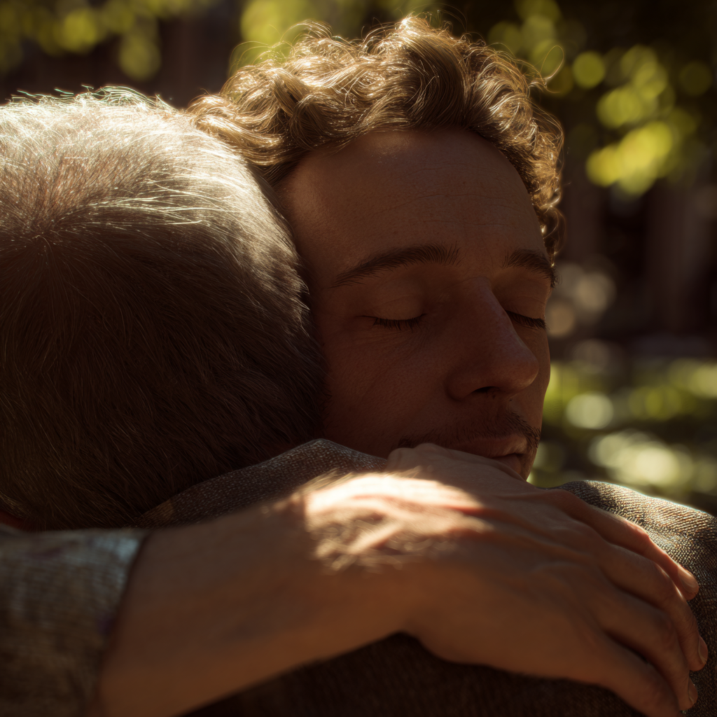 A young man hugging his father | Source: Midjourney