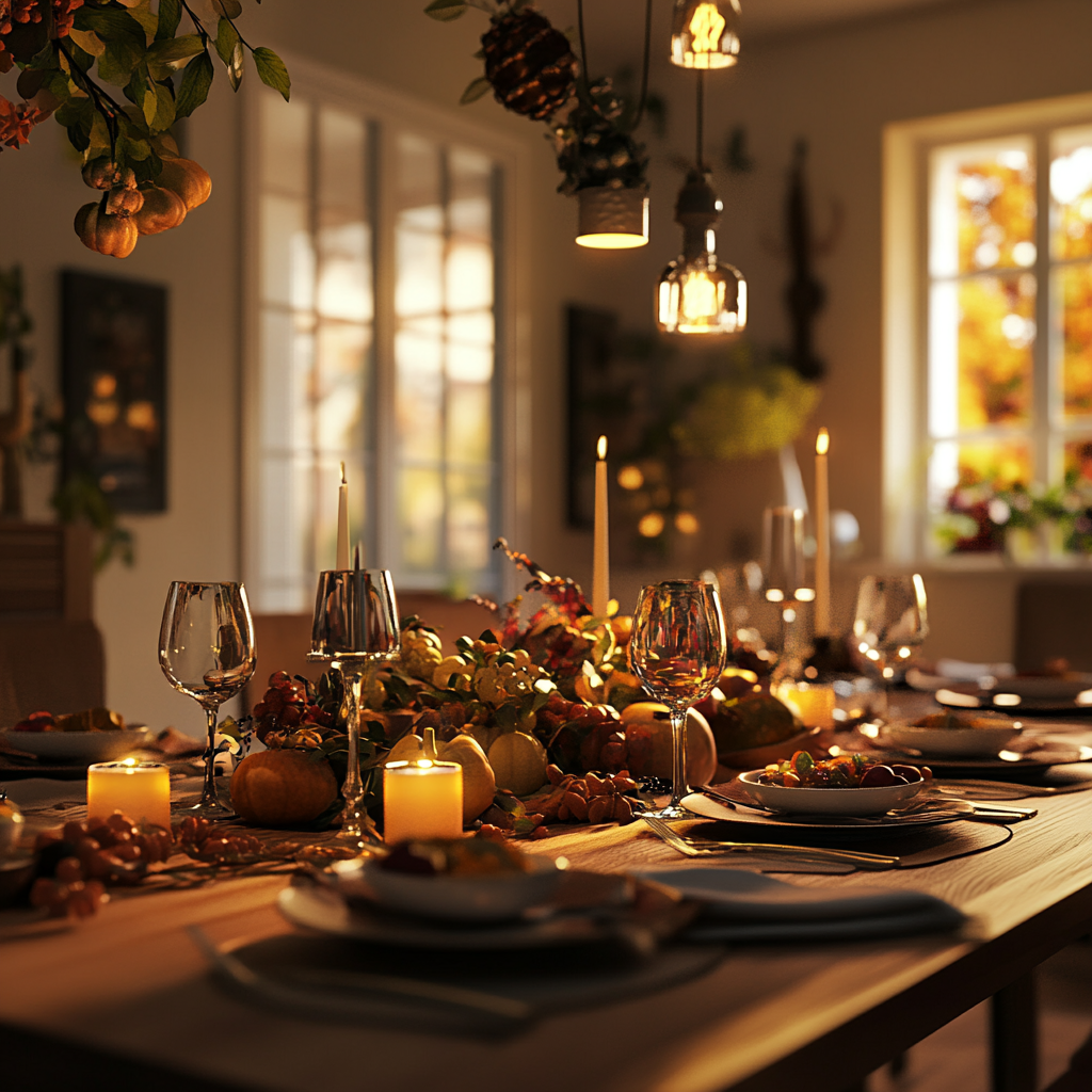 A dining table set for Thanksgiving feast | Source: Midjourney