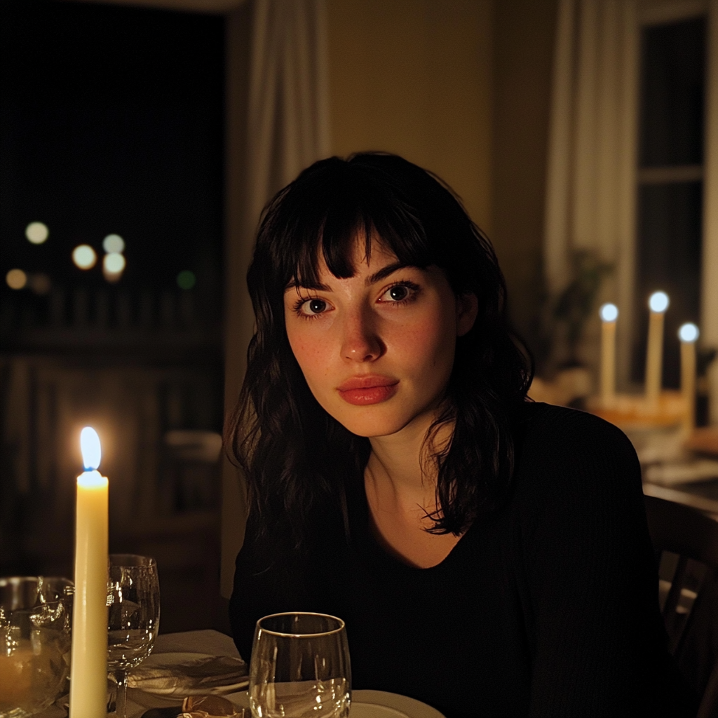 A woman sitting at a dinner table | Source: Midjourney