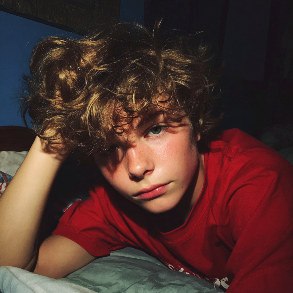 An upset boy holding his head | Source: Midjourney