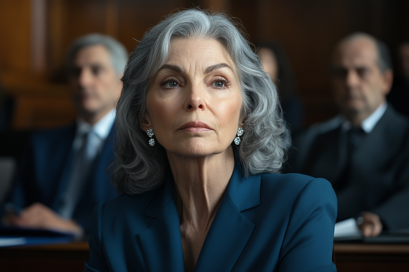 An older woman sitting in court with a serious expression | Source: Midjourney