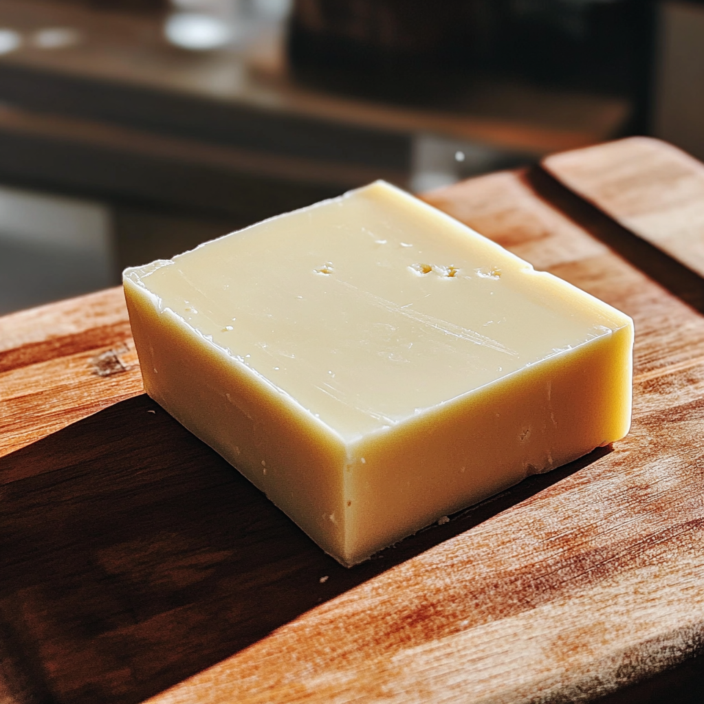 A block of cheese on a wooden board | Source: Midjourney