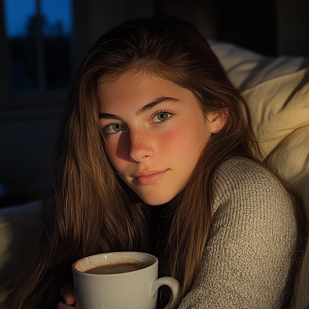 A teenage girl drinking a cup of cocoa | Source: Midjourney