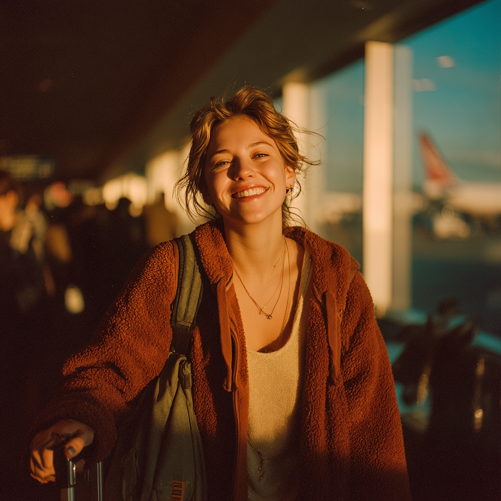 A happy girl with her luggage | Source: Midjourney