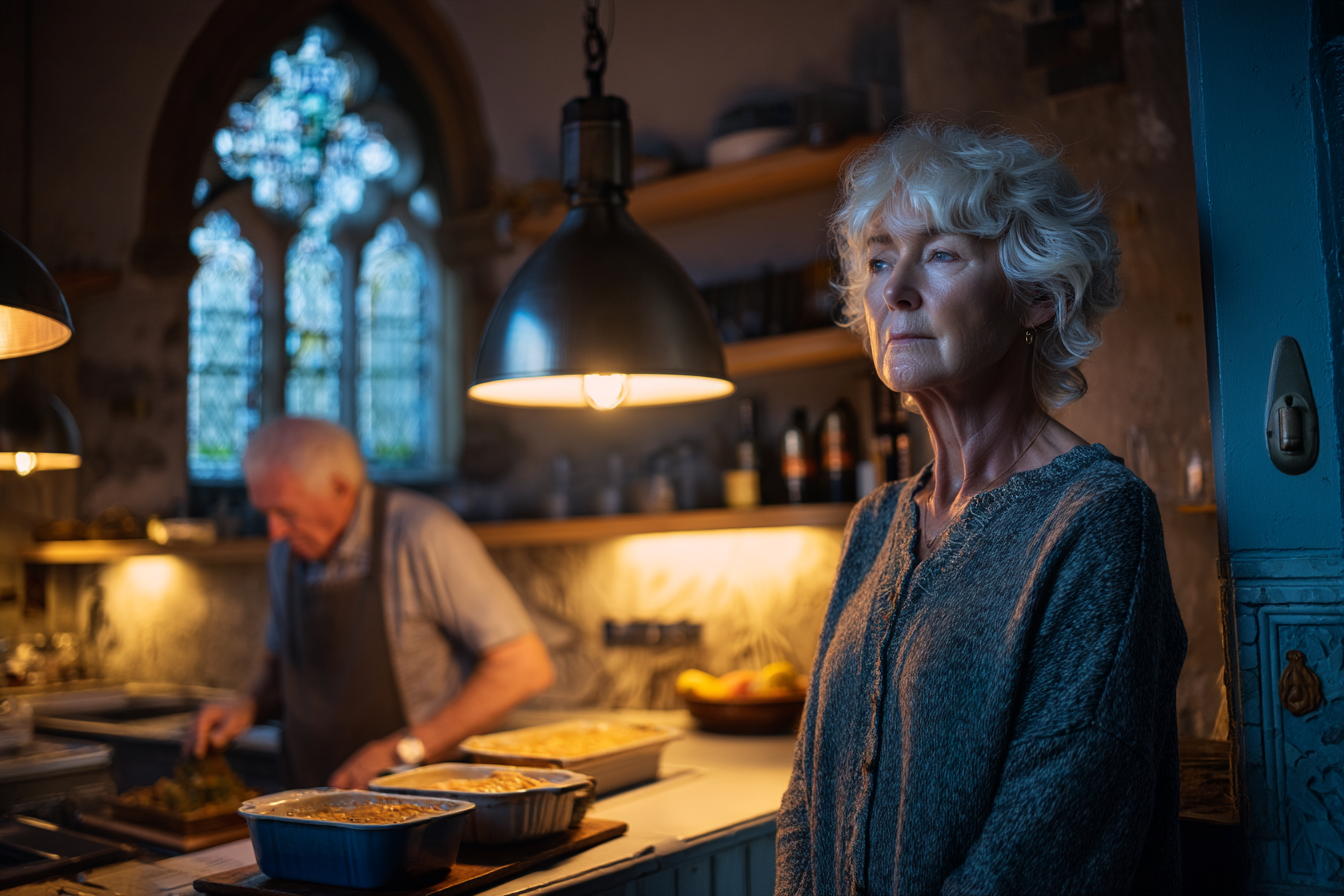 An older woman in a church kitchen | Source: Midjourney