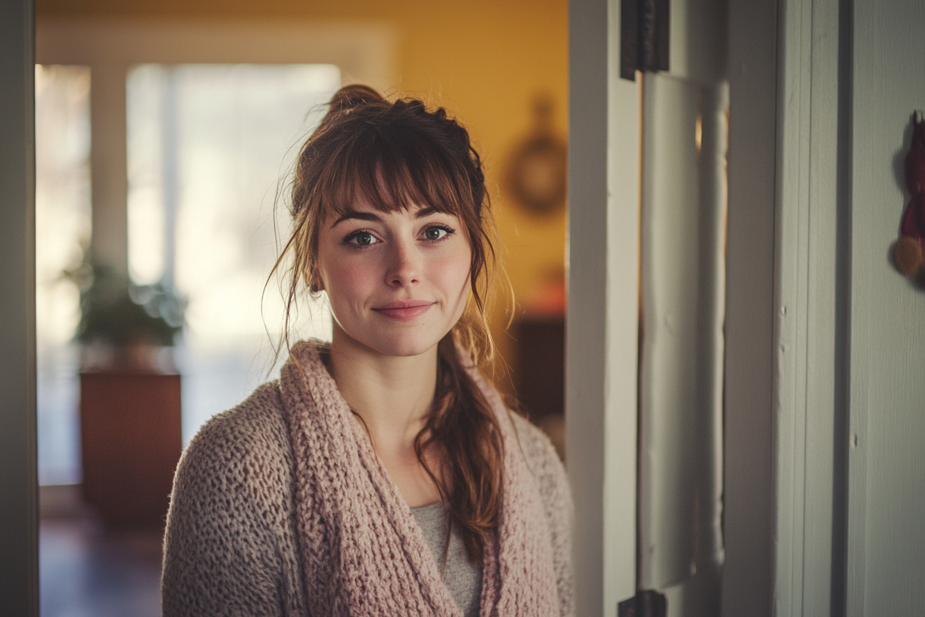 Une femme souriant poliment à quelqu'un chez elle | Source : Midjourney