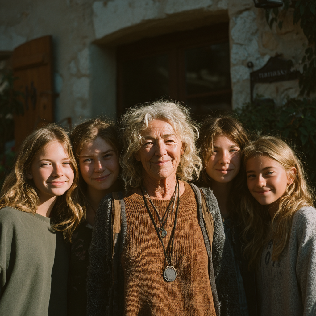 Happy siblings with their grandmother | Source: Midjourney